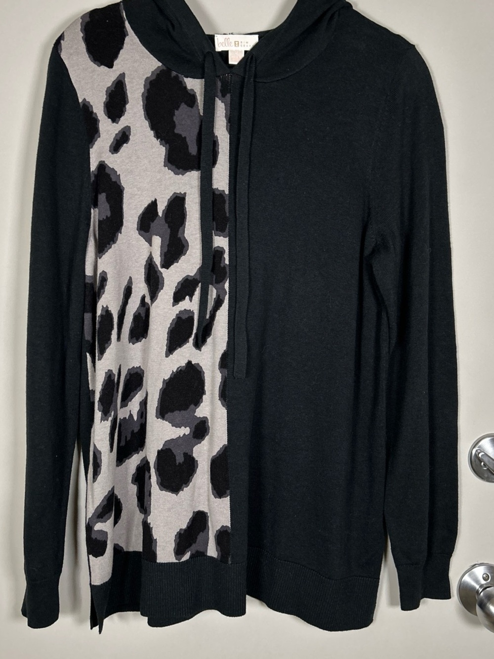 Belle by Kim Gravel Colorblock Animal Print Hooded Sweater Black Gray Leopard